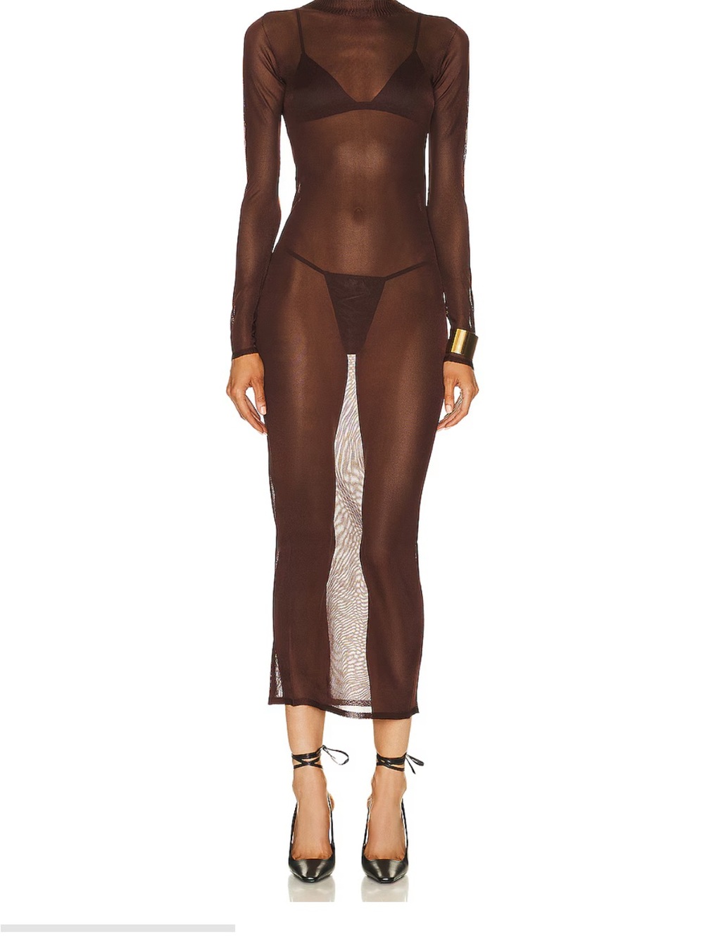 Fore Long-Sleeve Brown Mesh Turtleneck Midi Dress See Through Naked Size Large L